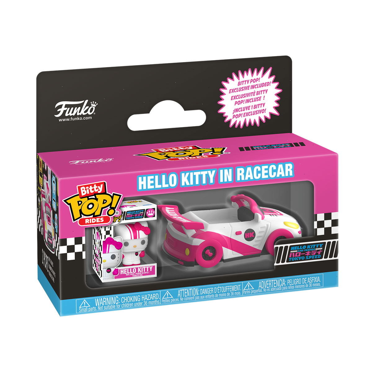 bitty pop! rides hello kitty in racecar