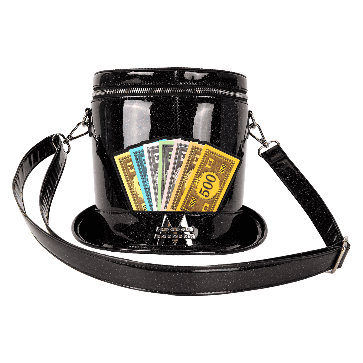 monopoly 90th anniversary top hat glitter figural crossbody bag