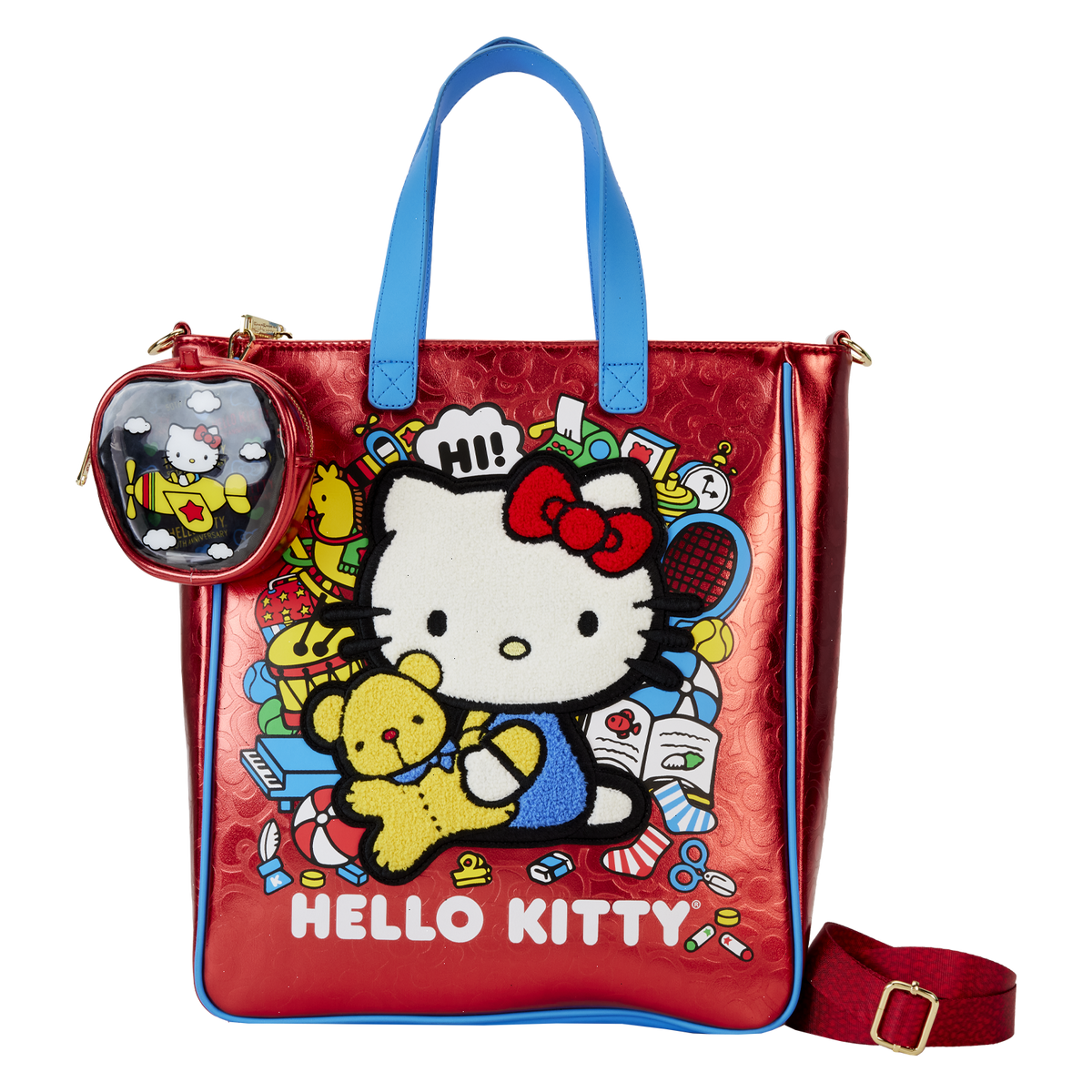 sanrio hello kitty 50th anniversary metallic tote crossbody bag with coin bag