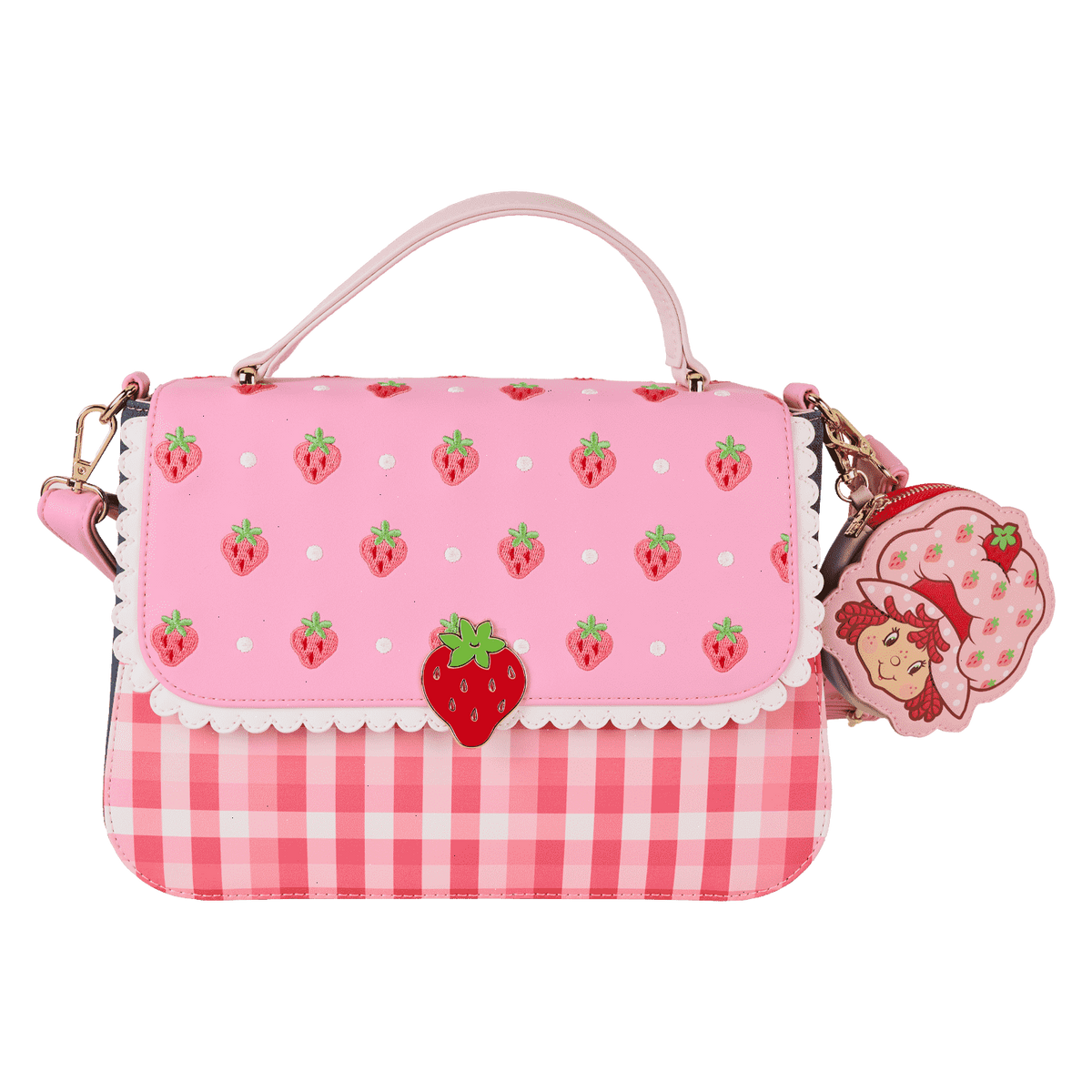strawberry shortcake denim gingham crossbody bag with coin bag