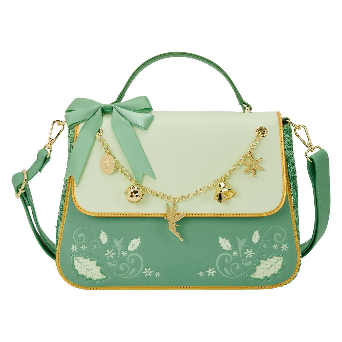peter pan tinker bell holiday sequin crossbody bag with charms