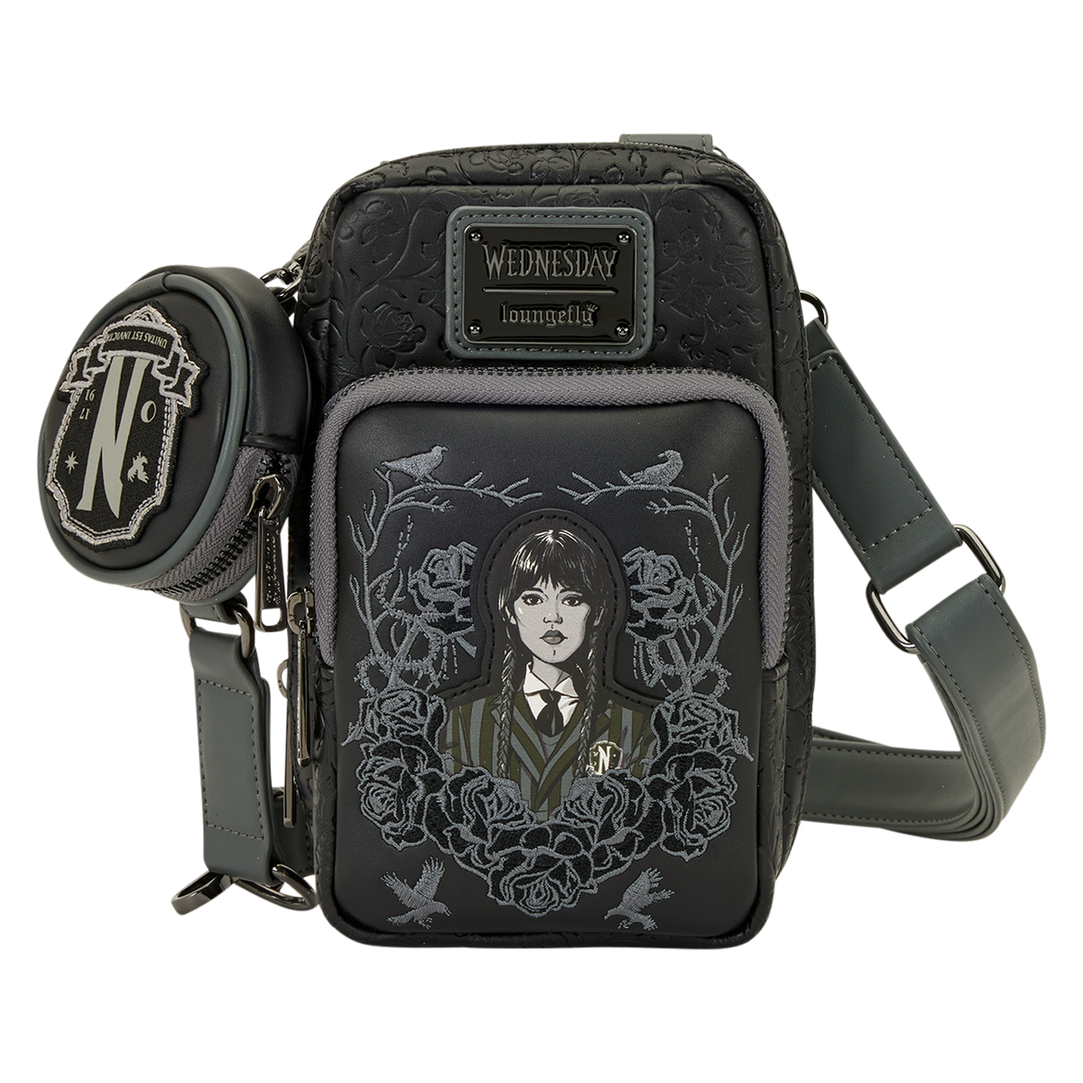 wednesday black roses cell phone crossbody bag with coin bag